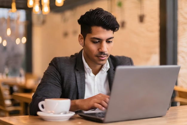 joven empresario trabajando con su portátil en un café