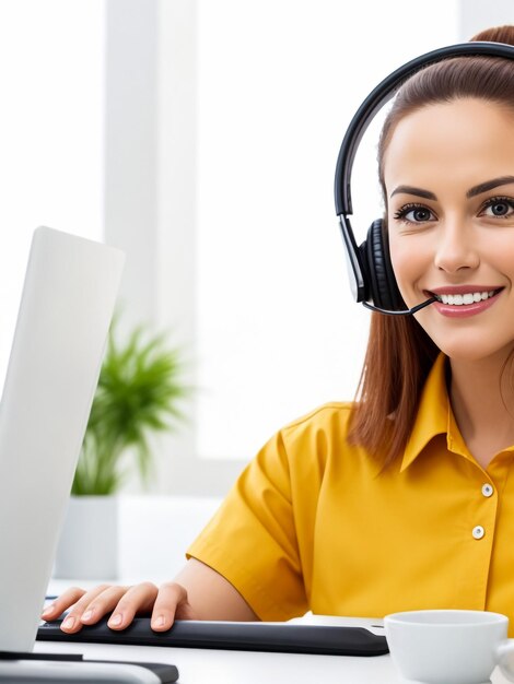Una joven encantadora feliz sentada y trabajando con una computadora portátil usando auriculares en la oficina