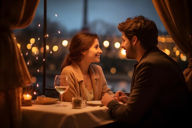 Foto una joven y encantadora pareja tiene una cena romántica en el interior juntos.