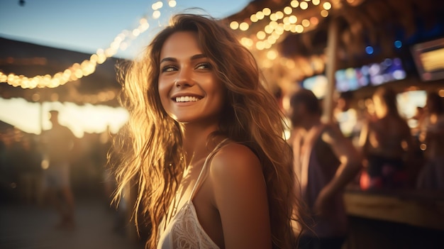 Una joven encantadora con un vestido blanco y sonriendo mientras se divierte en una fiesta en la playa en el verano IA generativa