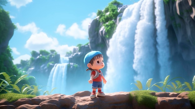 Una joven se encuentra frente a un majestuoso paisaje con altas cascadas