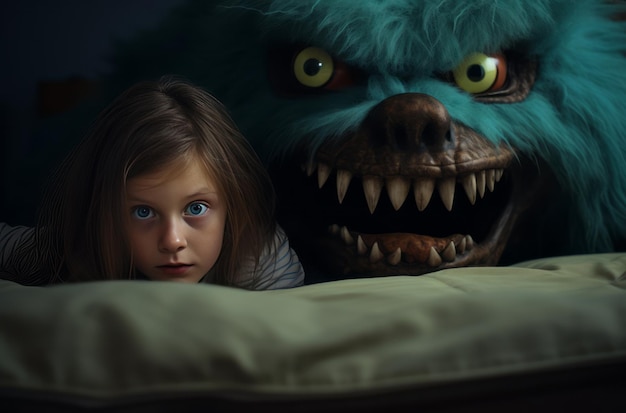 Foto una joven se encuentra con un monstruo en su habitación