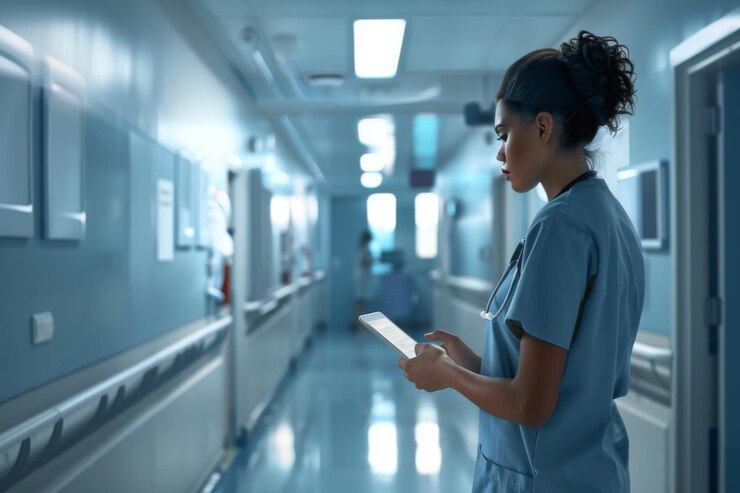 Una joven enfermera alegre con un estetoscopio de pie en un corredor del hospital