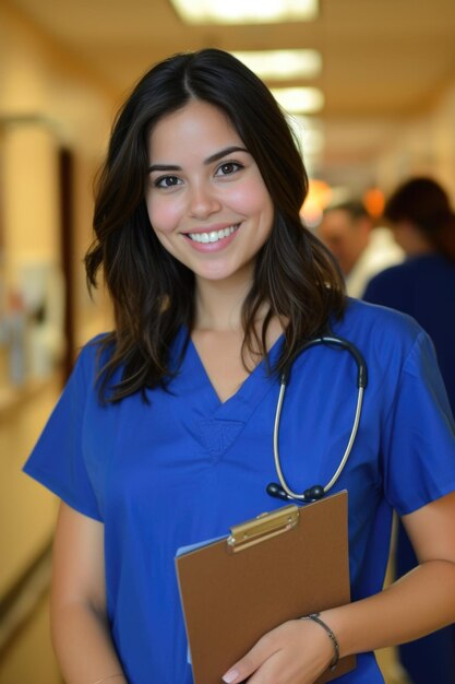 Foto una joven enfermera de cabello oscuro y luces sutiles está lista en un bullicioso pasillo ambientlit