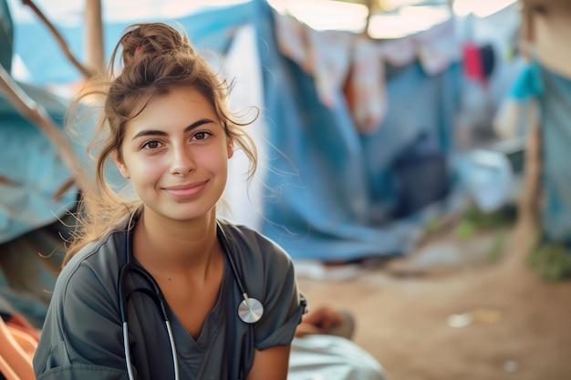 Joven enfermera en un campamento de refugiados en una zona de conflicto