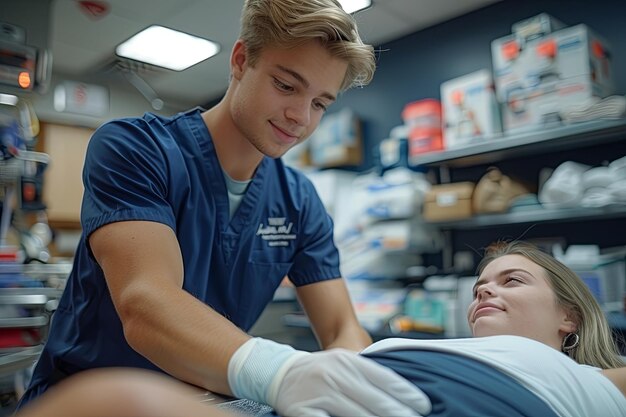 Foto una joven enfermera examinando a una niña con un estetoscopio en el hospital