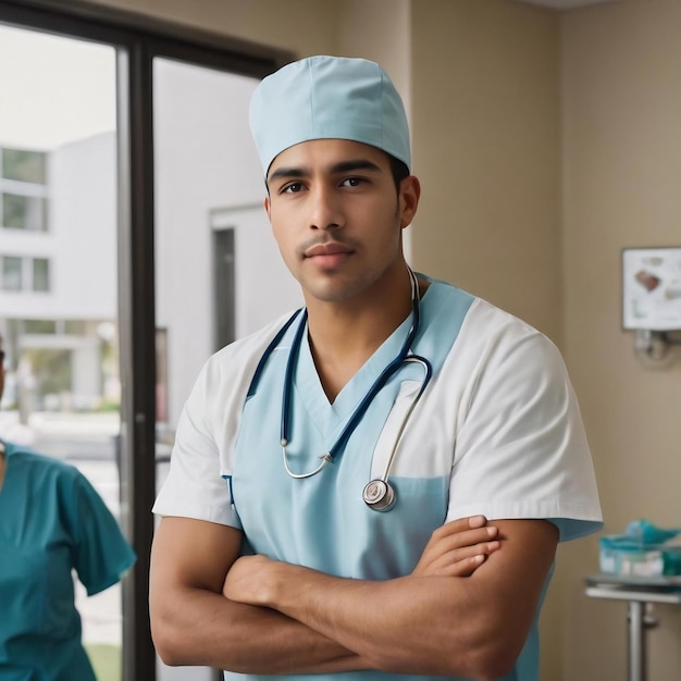 Joven enfermera masculina hispana joven enfermero masculino hispano posa con confianza recibiendo una agradable sorpresa