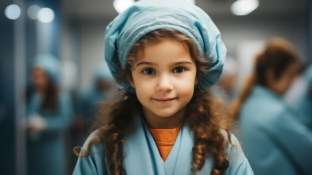 Foto una joven enfermera en un traje médico azul.