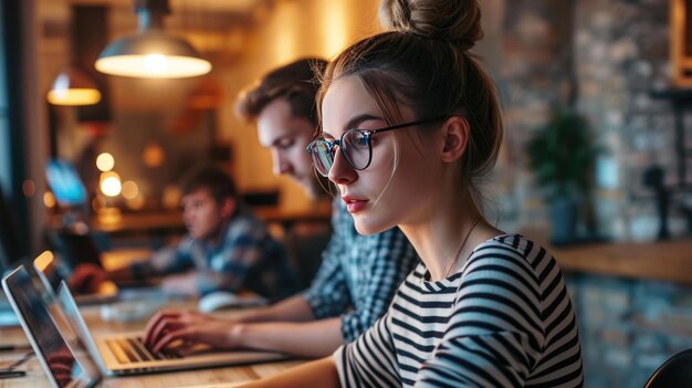 Una joven enfocada está trabajando en una computadora portátil