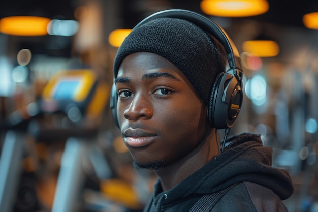 Foto joven enfocado con auriculares en el gimnasio