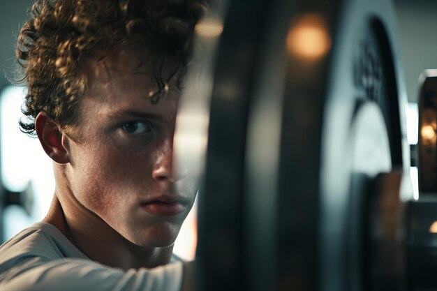 Un joven enfocado levantando pesas en el gimnasio con determinación en sus ojos.