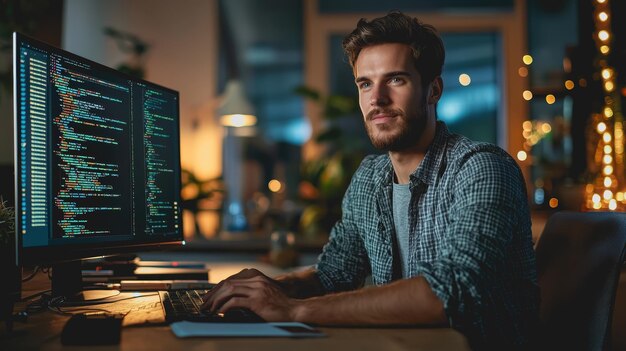 Joven enfocado trabajando en una computadora en una oficina moderna por la noche codificando en una gran pantalla con coloridos scripts de programación brillantemente iluminados