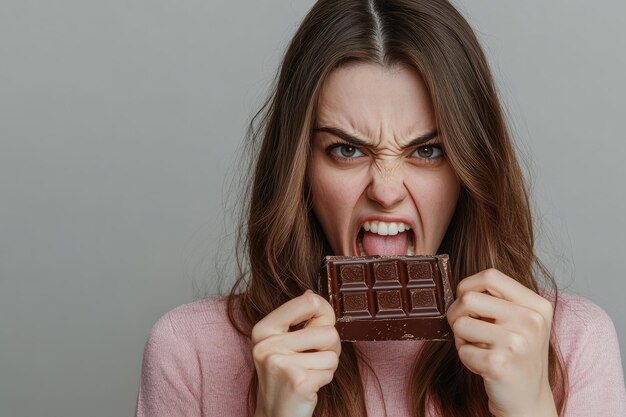 Joven enojada comiendo chocolate
