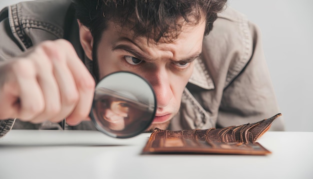 Foto un joven enojado mirando a través de una lupa a una billetera vacía sobre un fondo blanco