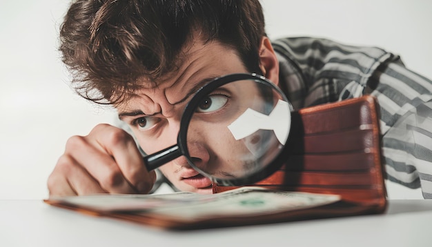 Foto un joven enojado mirando a través de una lupa a una billetera vacía sobre un fondo blanco