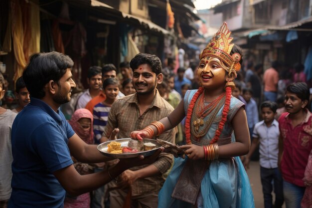 Un joven enseña a un niño a jugar al damru en Mahashivratri