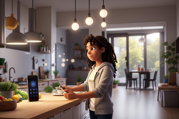 Joven entrando en la cocina con el móvil dando comandos de voz a la aplicación de hogar inteligente y encendiendo las luces