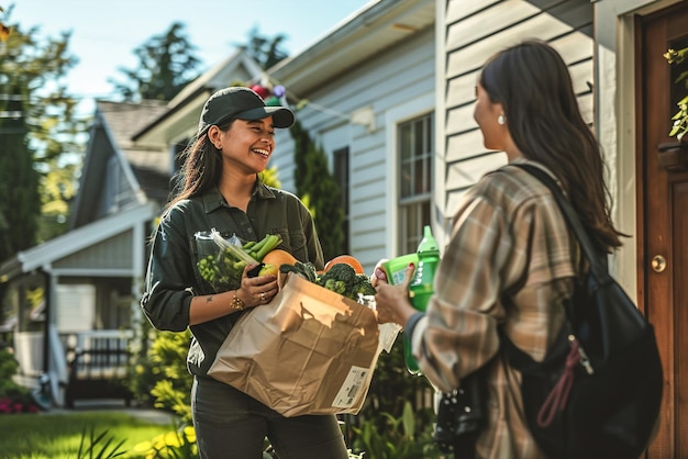 Una joven entregadora que lleva una bolsa de comestibles intercambiando saludos con un cliente en su doo