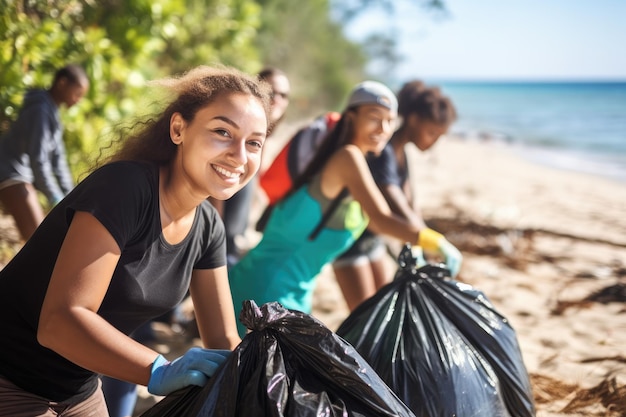 Una joven y un equipo de trabajadores voluntarios disfrutan con el proyecto de limpieza de basura y separación de residuos en el concepto del Día Mundial del Medio Ambiente al aire libre