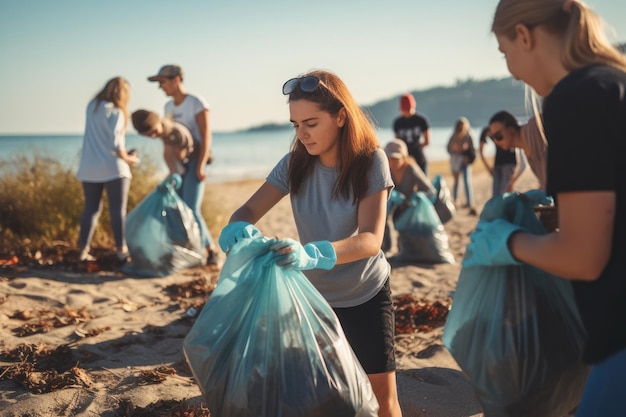 Una joven y un equipo de trabajadores voluntarios disfrutan con el proyecto de limpieza de basura y separación de residuos en el concepto del Día Mundial del Medio Ambiente al aire libre