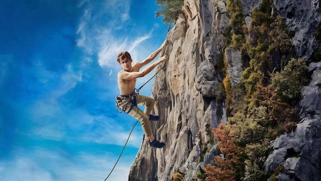 Joven escalador en un acantilado rocoso contra un cielo azul