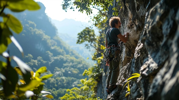 Foto joven escalando una pared de piedra natural