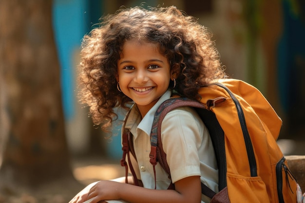 Una joven escolar que lleva una mochila está sonriendo y riendo.