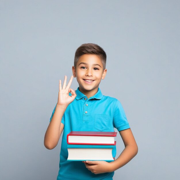 Foto un joven escolar sonriente con una mochila y un libro que muestra que está bien.