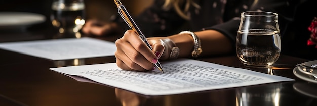 Una joven escribiendo en un papel con un bolígrafo