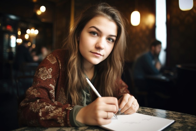 Una joven escribiendo en su cuaderno mientras te mira creado con ai generativo