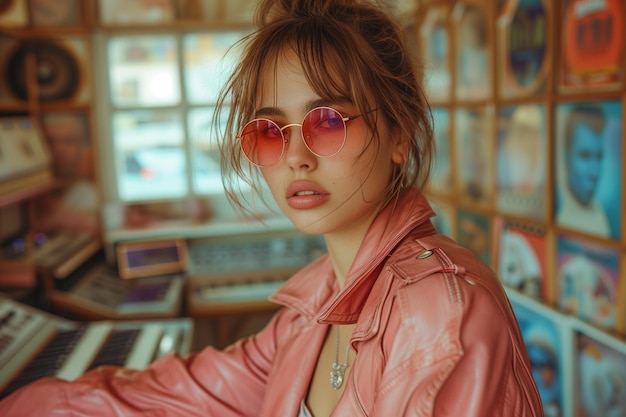 joven eslava con una chaqueta de cuero rosa y gafas de sol rosas en una tienda de música