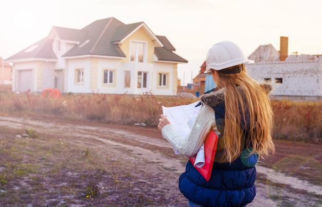 Joven especialista en construcción revisando planos en el sitio de construcción