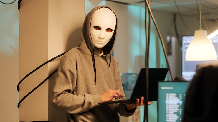 Foto joven espía peligroso que usa cifrado en el firewall de la computadora para acceder a información confidencial, irrumpiendo en un sistema informático. ladrón que usa un virus troyano para crear malware informático. disparo de mano.