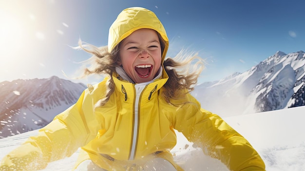 Foto una joven esquiadora con una chaqueta amarilla riendo y cayendo por la colina al estilo de kidcore