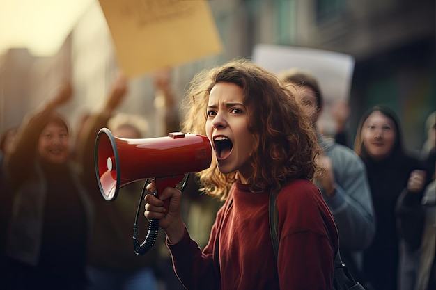 Una joven está cantando sus demandas a través de un megáfono durante una manifestación