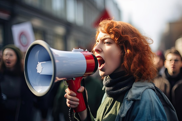 Una joven está cantando sus demandas a través de un megáfono durante una manifestación