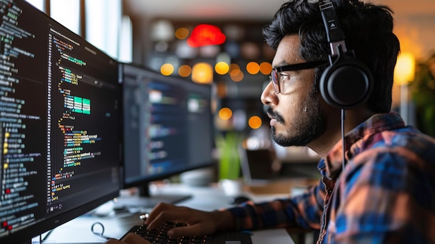 Un joven está concentrado en su trabajo con una computadora