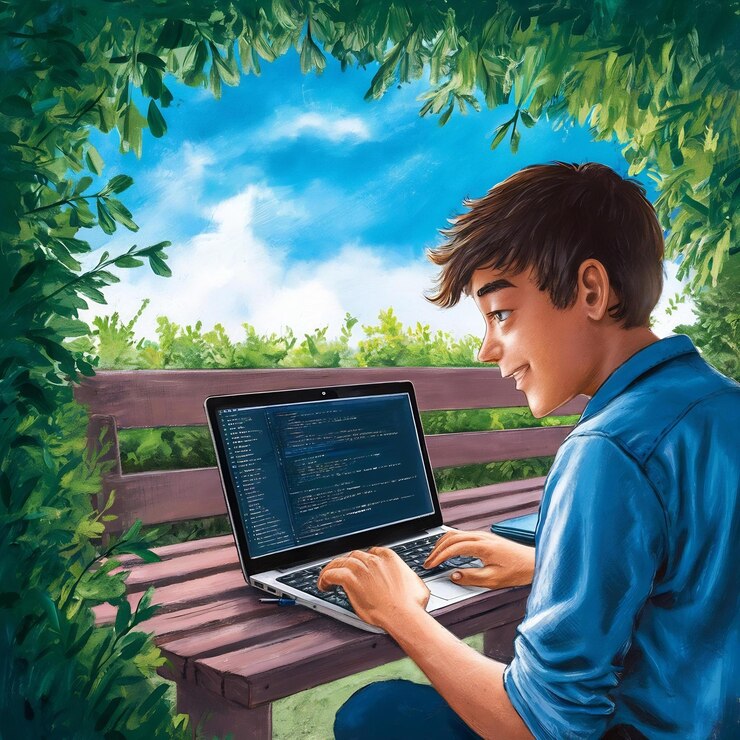Foto un joven está escribiendo en una computadora portátil al aire libre
