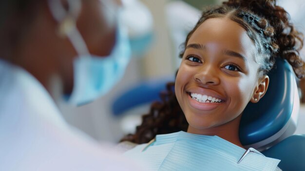 La joven está feliz sonriendo en la silla dental disfrutando del divertido evento