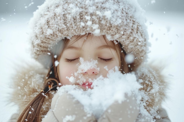 Una joven está jugando en la nieve con un sombrero blanco y un abrigo marrón