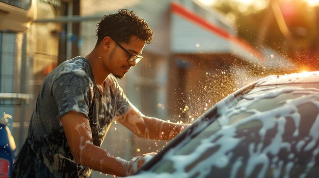 Un joven está lavando su coche en el camino de entrada está usando una esponja y un cubo de agua con jabón