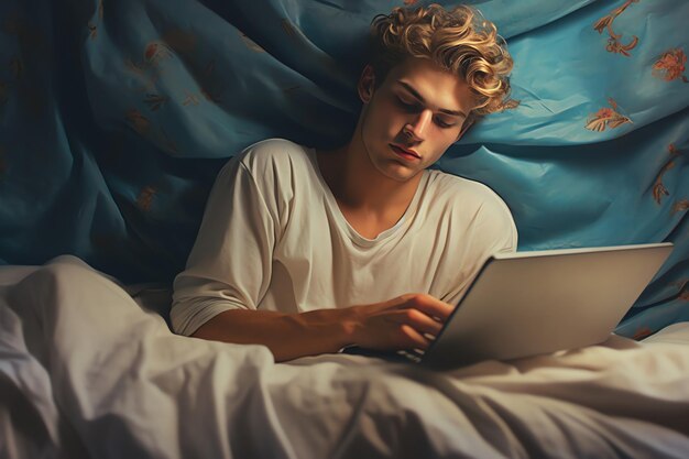 Un joven está leyendo una computadora portátil en la cama.