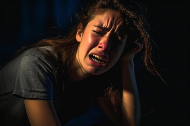 Una joven está llorando en la oscuridad.
