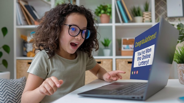 una joven está mirando una computadora portátil con un letrero que dice "no entres"