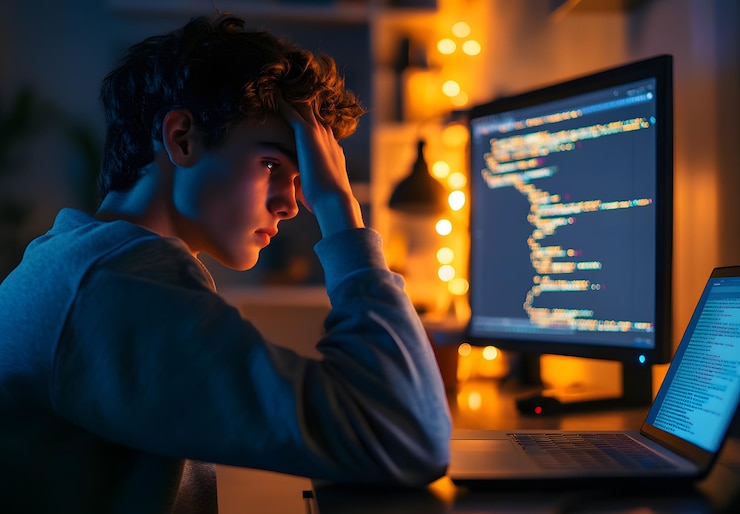 Foto un joven está mirando una pantalla de computadora con la palabra código en ella