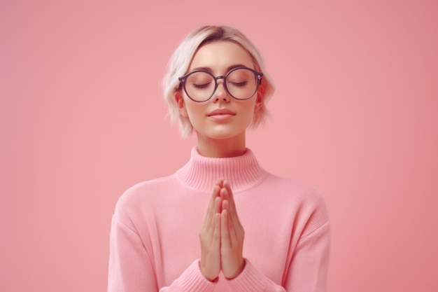Una joven está orando con las manos plegadas, una chica rubia con un suéter rosado y gafas está practicando yoga sobre un fondo rosado, una joven estudiante pacífica se está relajando, una IA generativa.