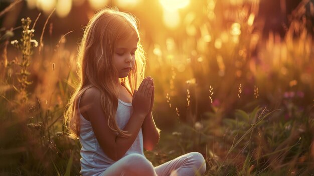Una joven está sentada en un campo y orando.