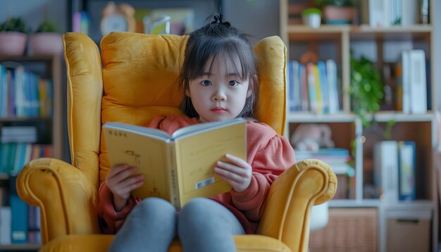 Una joven está sentada en una silla leyendo un libro