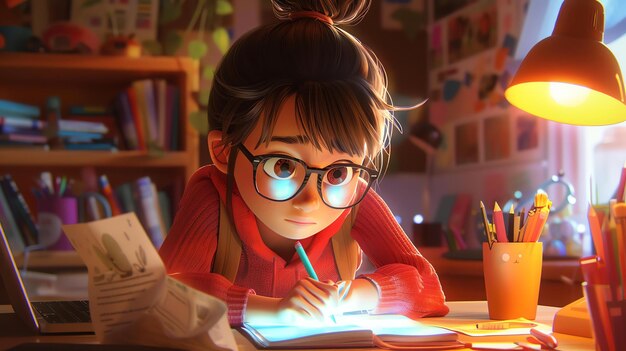 Una joven está sentada en su escritorio estudiando, lleva un suéter rojo y gafas, tiene el cabello en un pan.