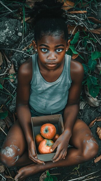 Una joven está sentada en el suelo sosteniendo una caja de manzanas